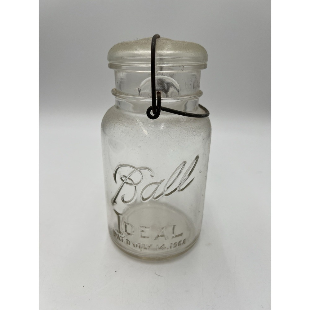Vintage Ball Ideal Glass Canning Jar Pat'd July 14 1908 Wire Bail Glass Lid Pint